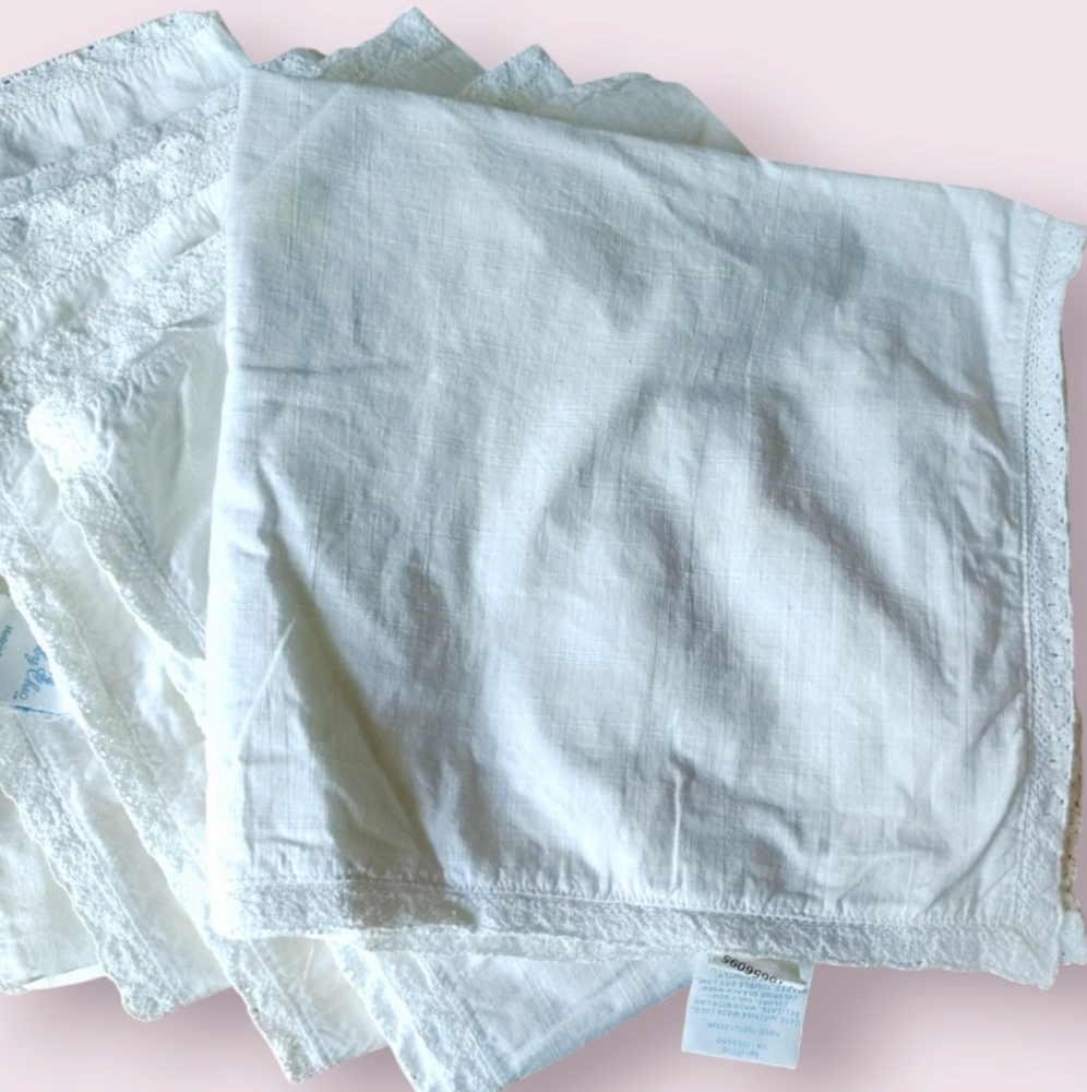 8pc SHABBY CHIC Vintage  Cotton Napkins 18x18 White Lace Trim